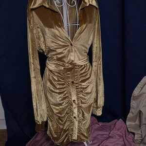 Gold Velvet Ruched Button-Front Women's Dress 16/2X